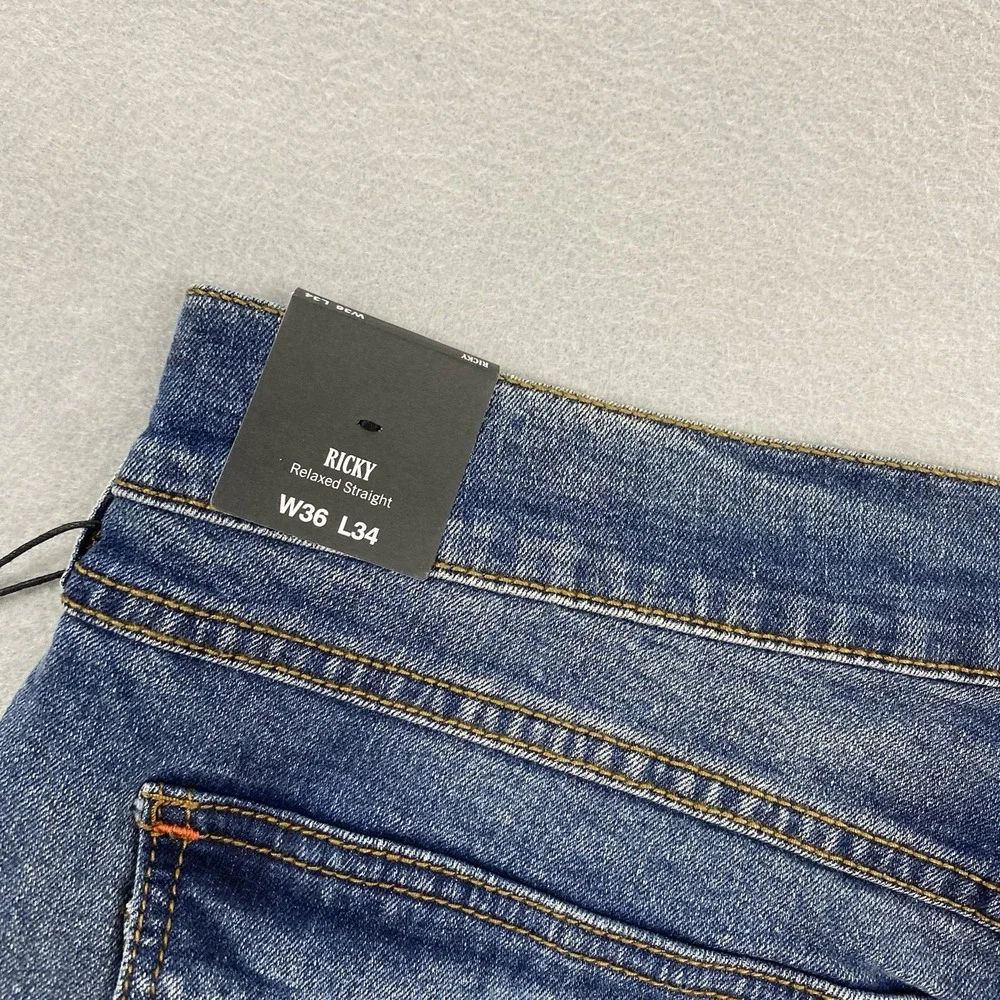 True Religion Jeans Mens 36x34 Blue Denim Pants Ricky Relaxed Straight Flap